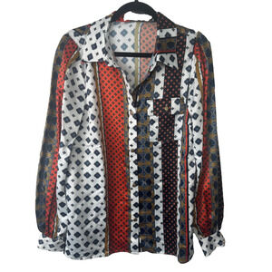 NEW House of Harlow 1960 x Revolve Black Striped Poly Blouse Size M Button D10